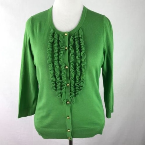 Talbots Kelly Green Ruffle Gold Button Cardigan L - Picture 1 of 6